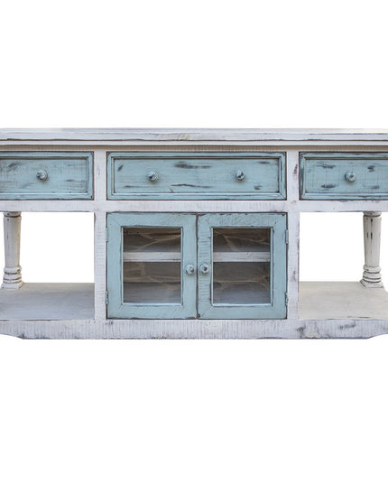 70" Blue and White Solid Wood Open shelving Distressed TV Stand