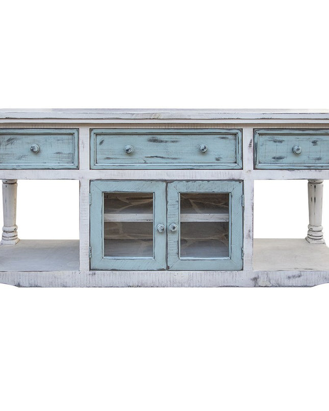 70" Blue and White Solid Wood Open shelving Distressed TV Stand