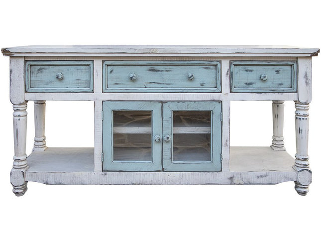 70" Blue and White Solid Wood Open shelving Distressed TV Stand