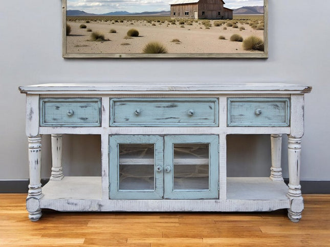 70" Blue and White Solid Wood Open shelving Distressed TV Stand