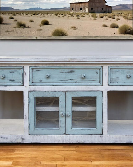 70" Blue and White Solid Wood Open shelving Distressed TV Stand