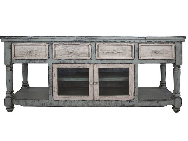 70" Blue and White Solid Wood Open shelving Distressed TV Stand