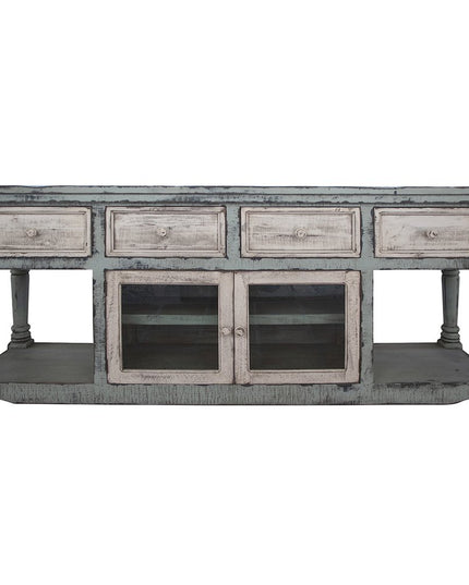 70" Blue and White Solid Wood Open shelving Distressed TV Stand