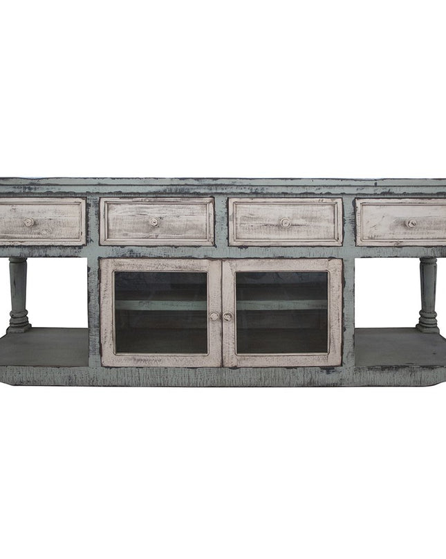 70" Blue and White Solid Wood Open shelving Distressed TV Stand