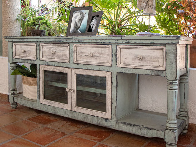 70" Blue and White Solid Wood Open shelving Distressed TV Stand