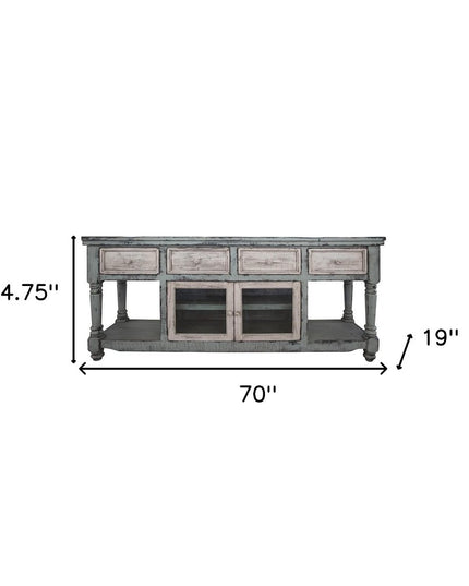 70" Blue and White Solid Wood Open shelving Distressed TV Stand