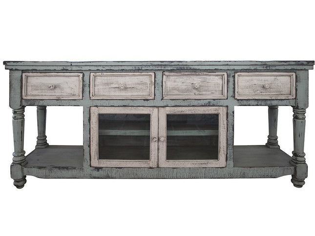 70" Blue and White Solid Wood Open shelving Distressed TV Stand
