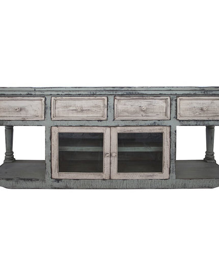 70" Blue and White Solid Wood Open shelving Distressed TV Stand
