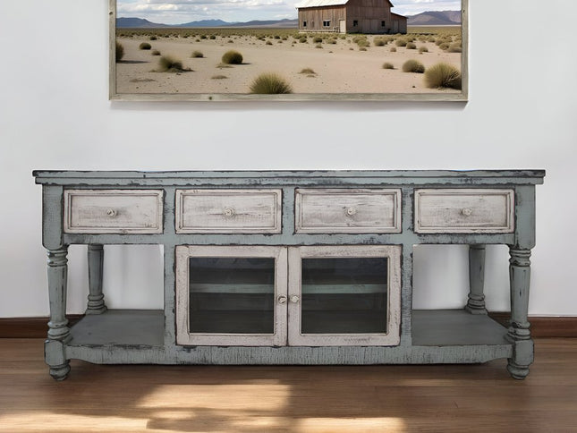 70" Blue and White Solid Wood Open shelving Distressed TV Stand