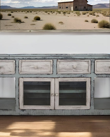 70" Blue and White Solid Wood Open shelving Distressed TV Stand