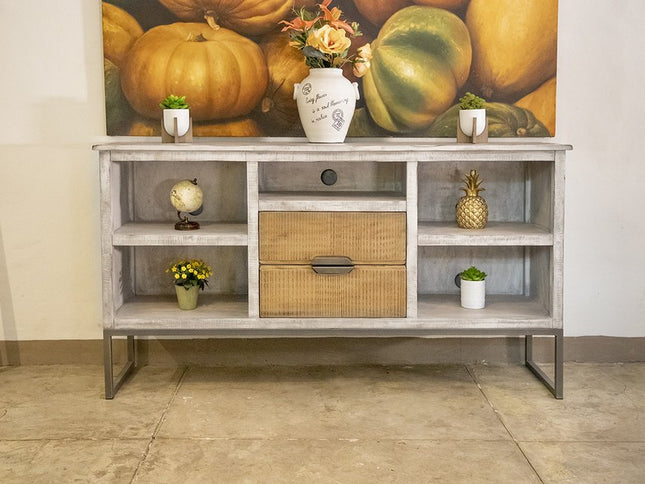 70" Light Gray Solid Wood Open shelving Distressed TV Stand