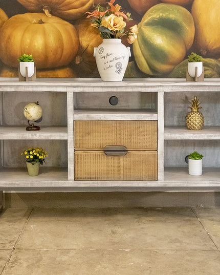 70" Light Gray Solid Wood Open shelving Distressed TV Stand