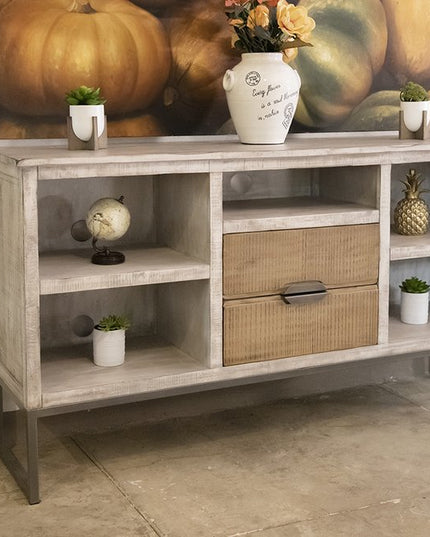 70" Light Gray Solid Wood Open shelving Distressed TV Stand