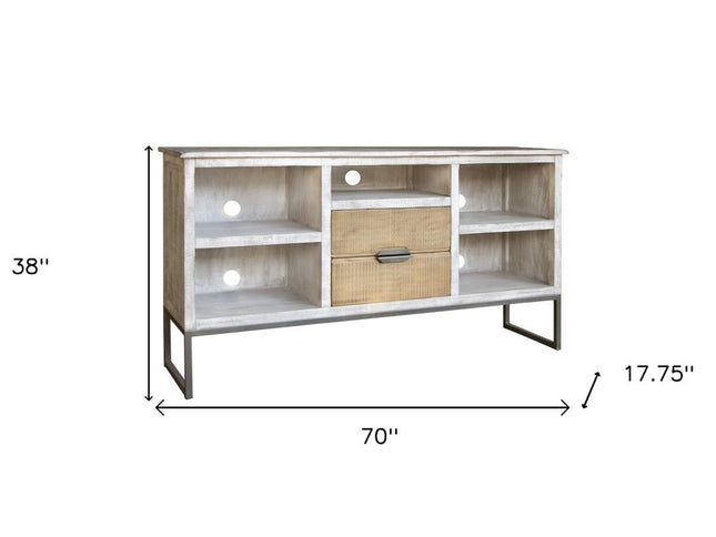 70" Light Gray Solid Wood Open shelving Distressed TV Stand