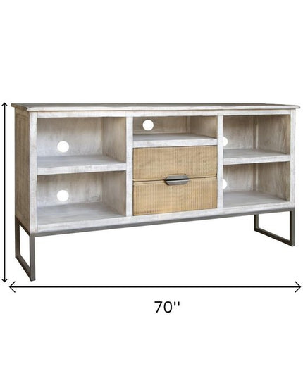 70" Light Gray Solid Wood Open shelving Distressed TV Stand