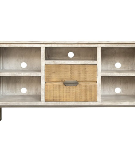 70" Light Gray Solid Wood Open shelving Distressed TV Stand