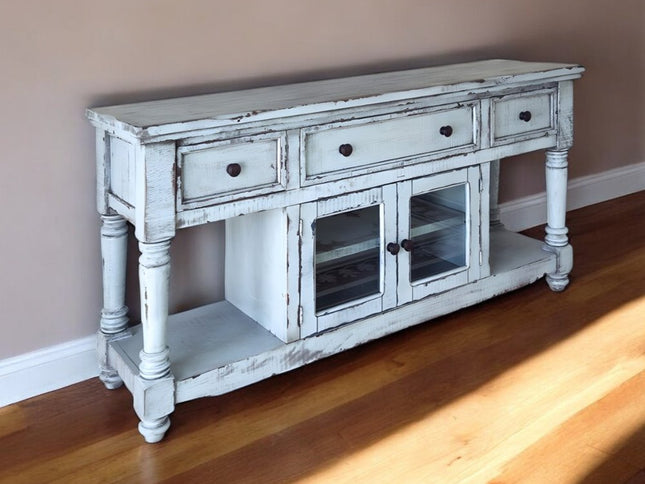 70" Blue Solid Wood Open shelving Distressed TV Stand