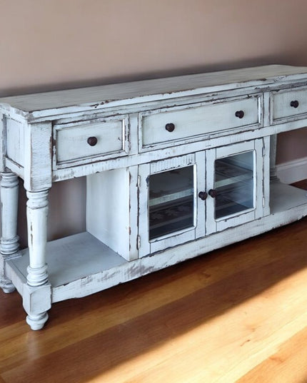 70" Blue Solid Wood Open shelving Distressed TV Stand