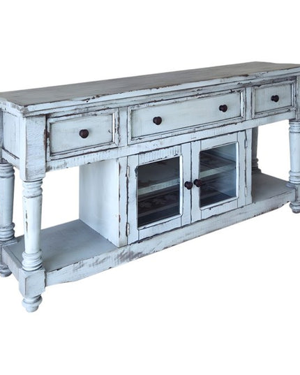 70" Blue Solid Wood Open shelving Distressed TV Stand