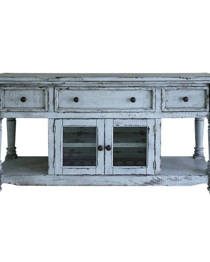 70" Blue Solid Wood Open shelving Distressed TV Stand