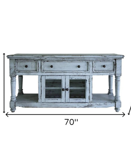 70" Blue Solid Wood Open shelving Distressed TV Stand