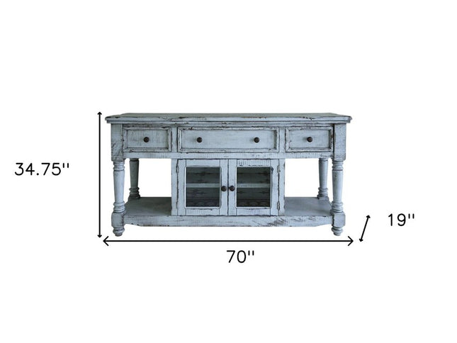 70" Blue Solid Wood Open shelving Distressed TV Stand