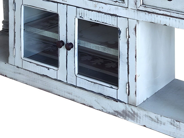 70" Blue Solid Wood Open shelving Distressed TV Stand