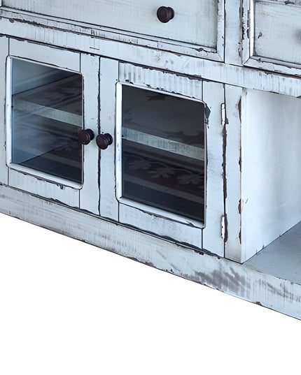 70" Blue Solid Wood Open shelving Distressed TV Stand