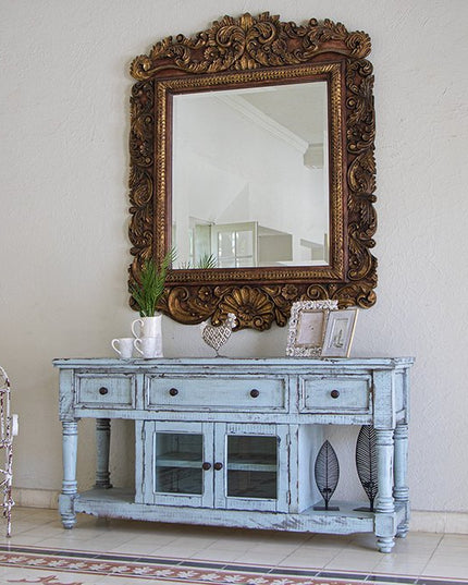 70" Blue Solid Wood Open shelving Distressed TV Stand