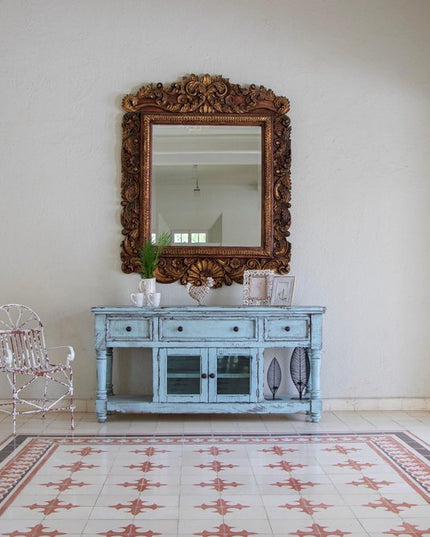 70" Blue Solid Wood Open shelving Distressed TV Stand