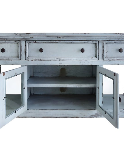 70" Blue Solid Wood Open shelving Distressed TV Stand