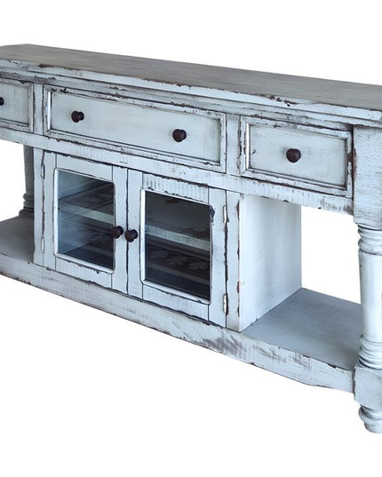 70" Blue Solid Wood Open shelving Distressed TV Stand