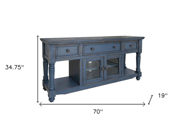 70" Blue Mango Solid Wood Open shelving Distressed TV Stand