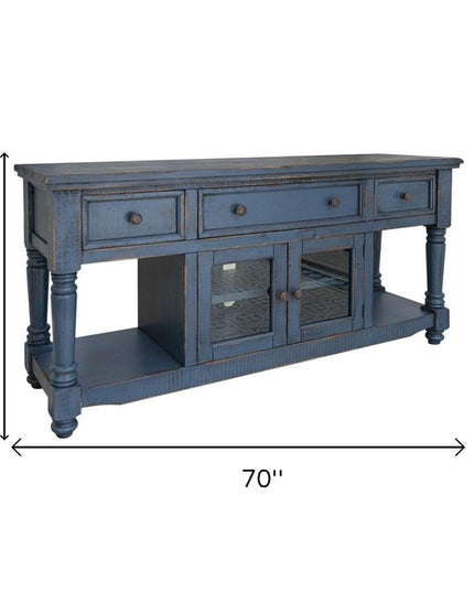 70" Blue Mango Solid Wood Open shelving Distressed TV Stand