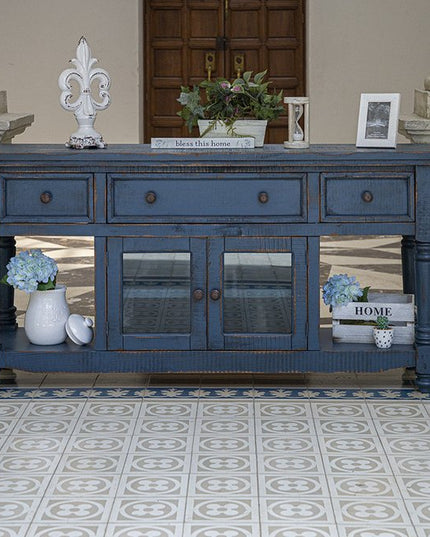 70" Blue Mango Solid Wood Open shelving Distressed TV Stand