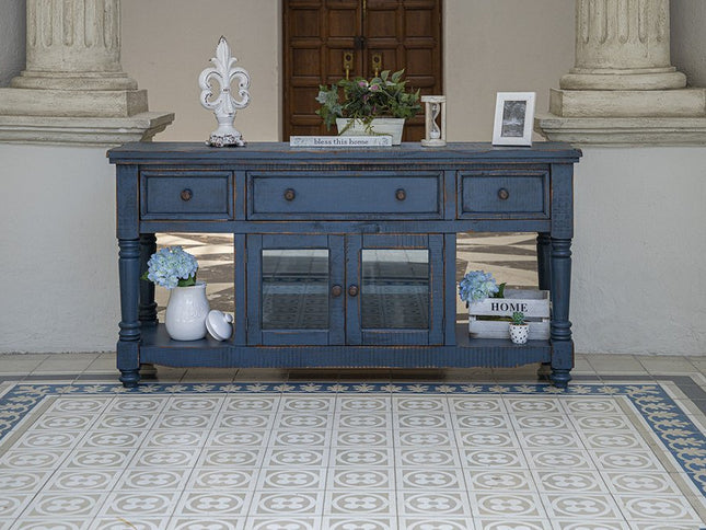 70" Blue Mango Solid Wood Open shelving Distressed TV Stand