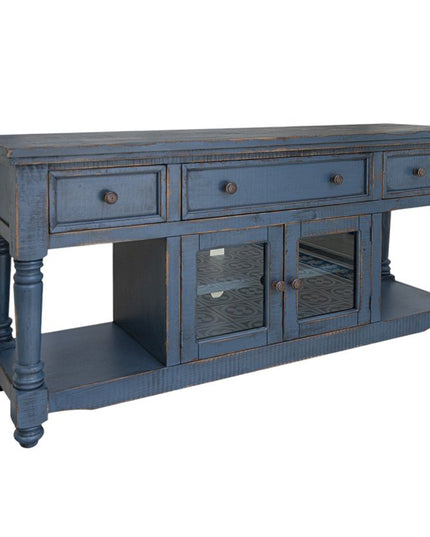 70" Blue Mango Solid Wood Open shelving Distressed TV Stand