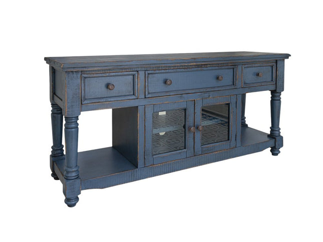 70" Blue Mango Solid Wood Open shelving Distressed TV Stand