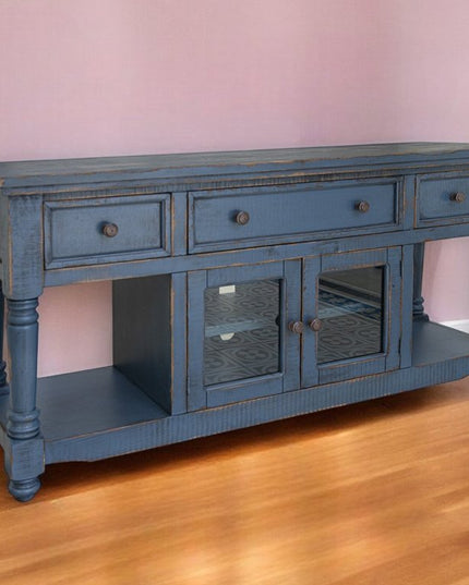 70" Blue Mango Solid Wood Open shelving Distressed TV Stand