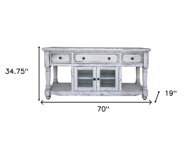 70" White Solid Wood Open shelving Distressed TV Stand