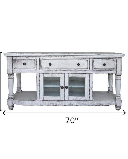 70" White Solid Wood Open shelving Distressed TV Stand