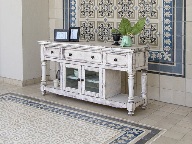 70" White Solid Wood Open shelving Distressed TV Stand