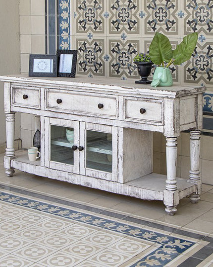 70" White Solid Wood Open shelving Distressed TV Stand