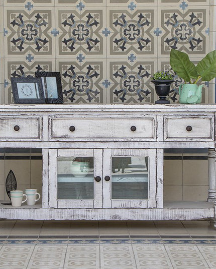 70" White Solid Wood Open shelving Distressed TV Stand