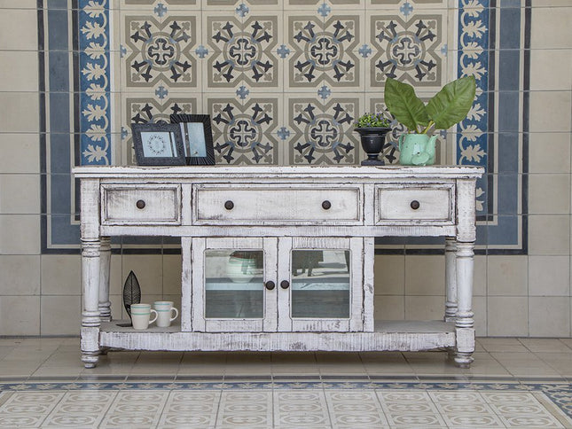 70" White Solid Wood Open shelving Distressed TV Stand