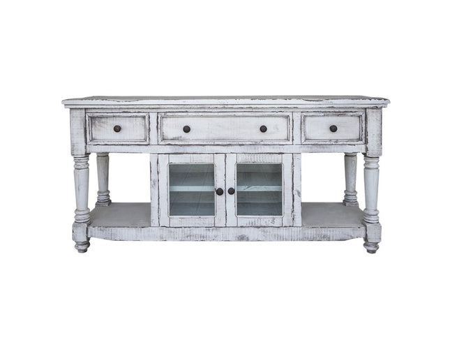 70" White Solid Wood Open shelving Distressed TV Stand