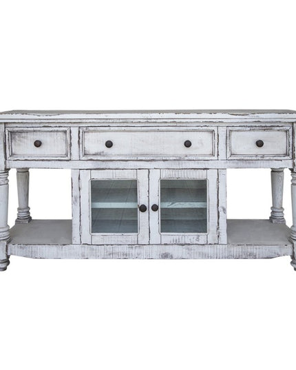 70" White Solid Wood Open shelving Distressed TV Stand