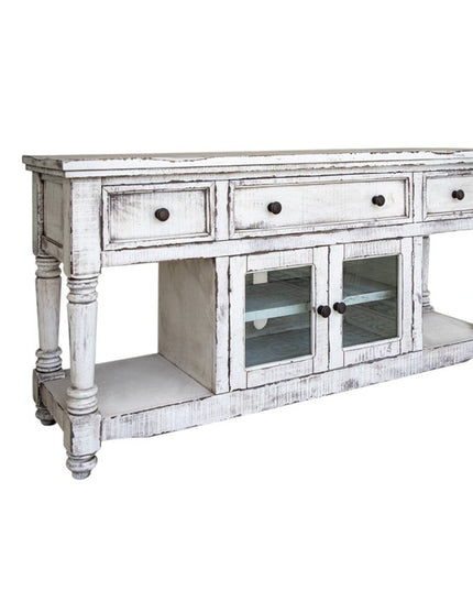 70" White Solid Wood Open shelving Distressed TV Stand