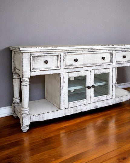 70" White Solid Wood Open shelving Distressed TV Stand