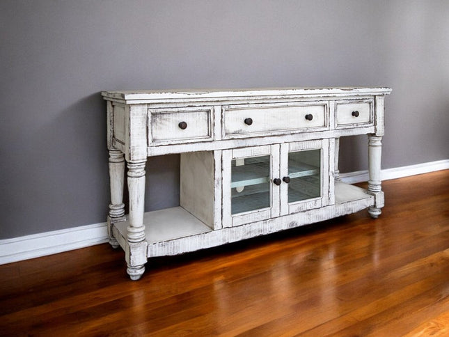 70" White Solid Wood Open shelving Distressed TV Stand